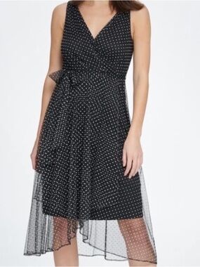 DKNY midi dress size 6/8 v neck faux wrap sheer polka dot overlay fully lined